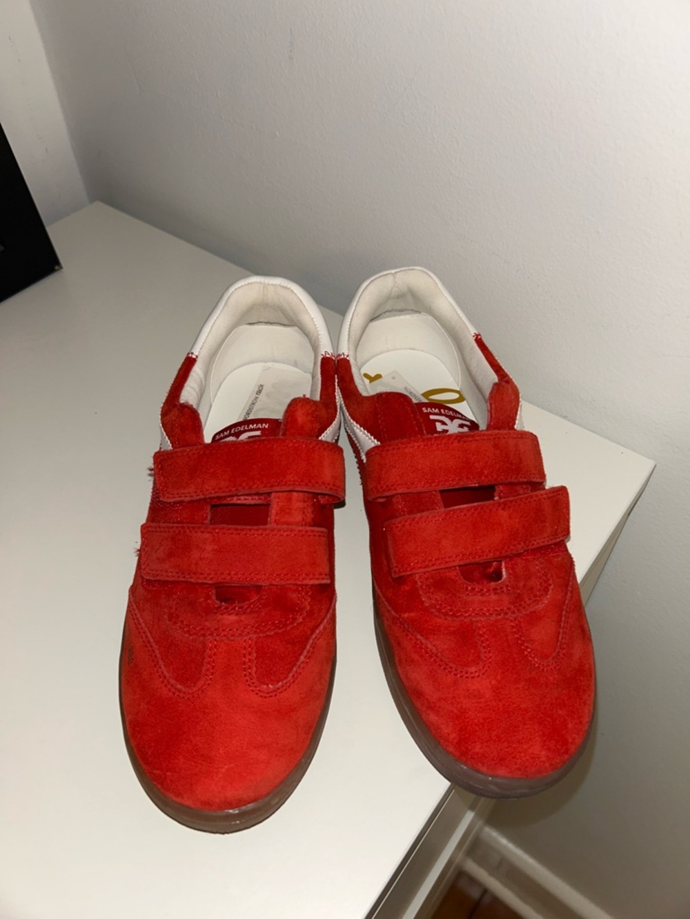 Sam Edelman Red and White Suede Velcro Sneakers